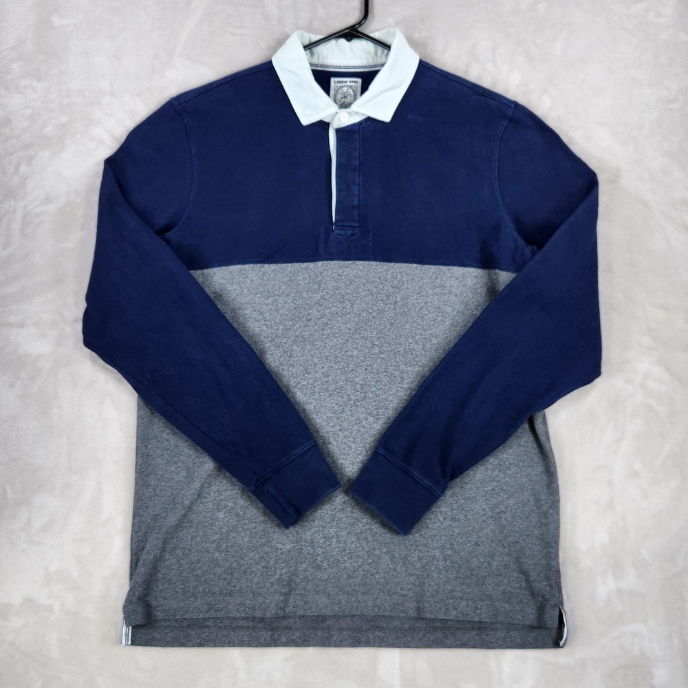 Lands' End Mens Rugby Polo Shirt Blue Gray Colorblock Long Sleeve Big Tall LT